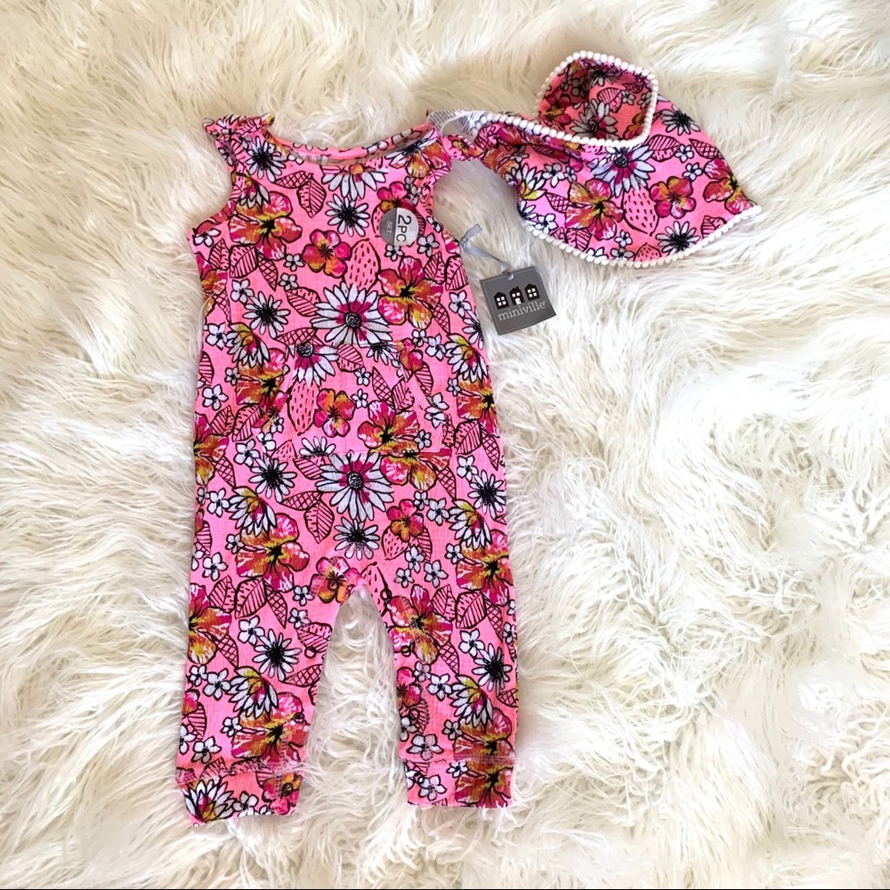 Baby girl tank top floral one piece w matching bib